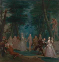 Cena em um parque, com figuras da Commedia dellArte
